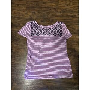 Talbots Shirt Short Sleeve Purple Striped Eyelet Embroidery Size Medium